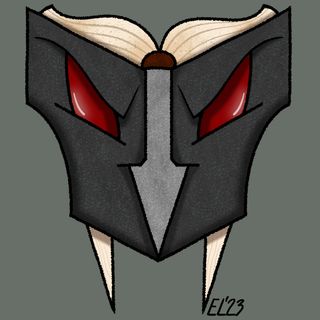 a grey mask like face with red eyes and fangs